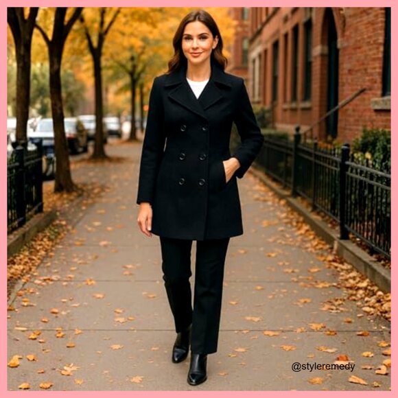 Wool Blend Peacoat Double Breasted Winter Coat A-Line Jacket - Picture 3 of 7